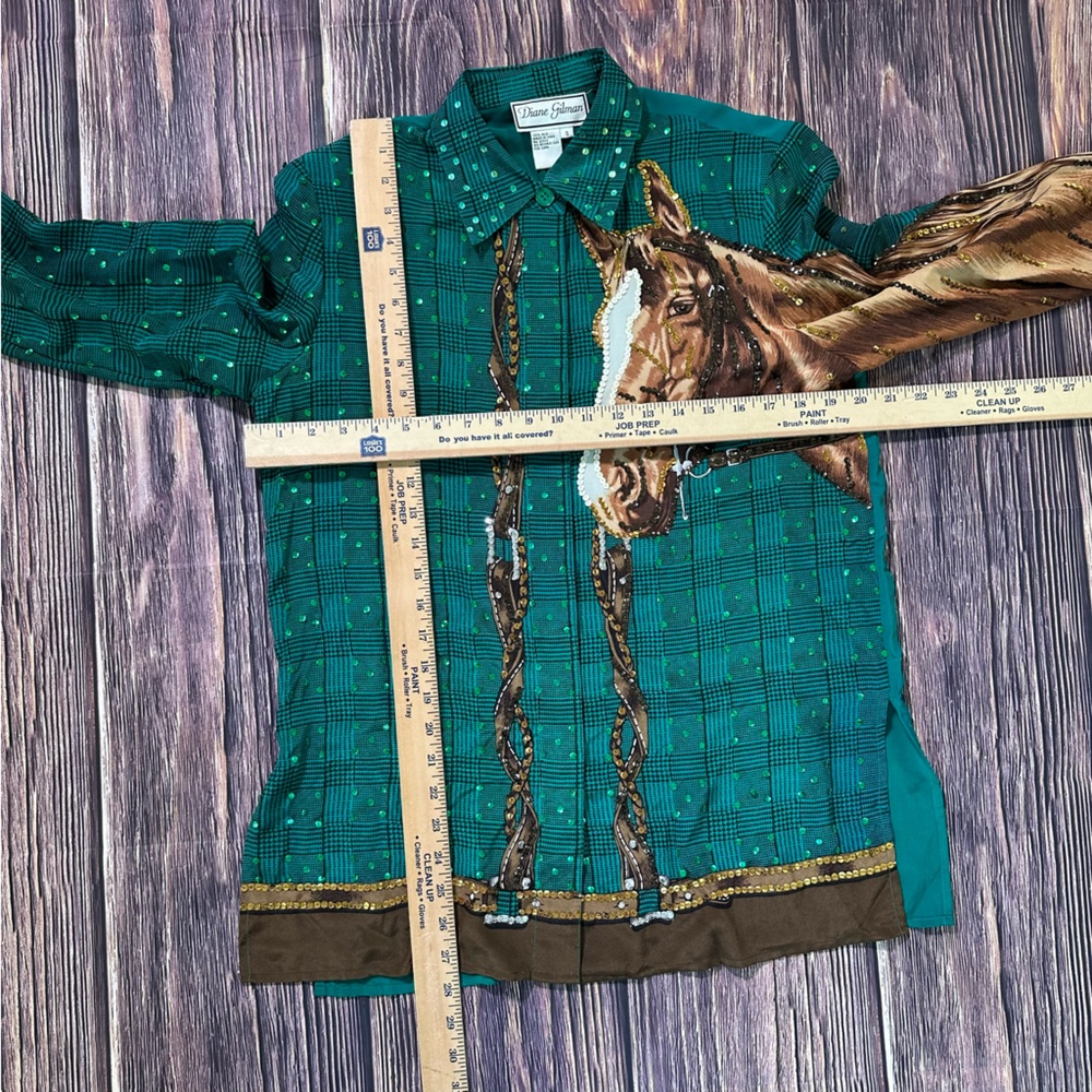 Vintage Diane Gilman 100% Silk Sequins Horse Green Plaid Button Down Blouse - Picture 5 of 7